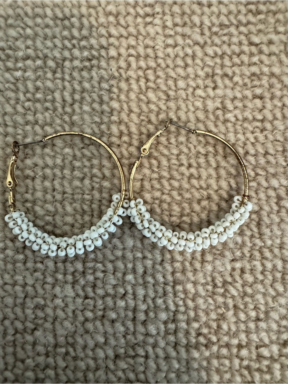 Gold Hoop Earrings with White Bead Accents